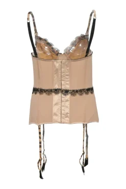 Neutral lace-trimmed polyester bustier garter tank top with corset-style interior boning