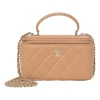 Neutral matelassé lambskin leather top handle vanity case with chain