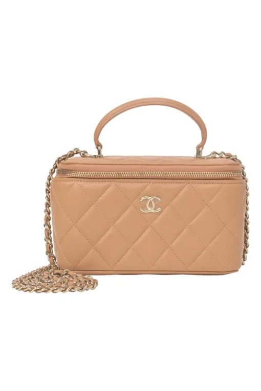 Neutral matelassé lambskin leather top handle vanity case with chain