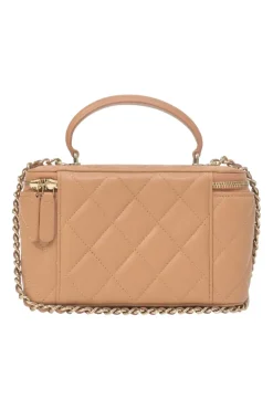Neutral matelassé lambskin leather top handle vanity case with chain