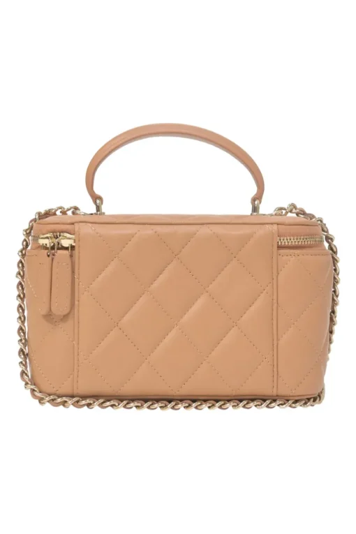 Neutral matelassé lambskin leather top handle vanity case with chain