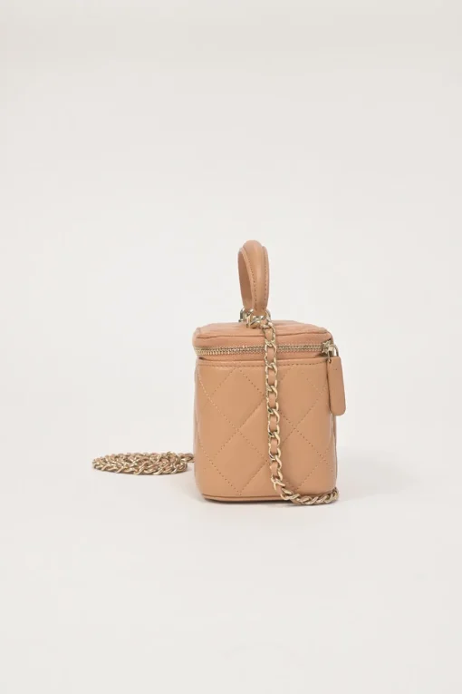 Neutral matelassé lambskin leather top handle vanity case with chain