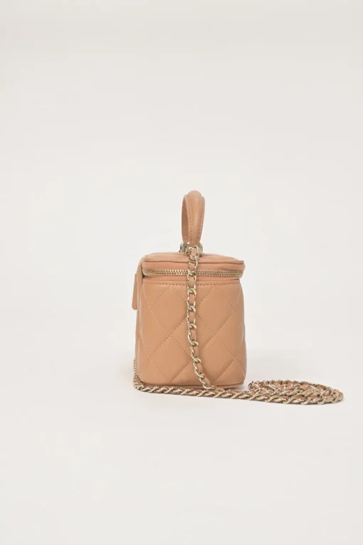 Neutral matelassé lambskin leather top handle vanity case with chain