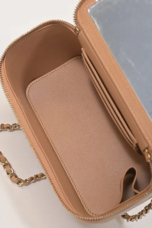Neutral matelassé lambskin leather top handle vanity case with chain