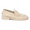 Nude brushed calfskin loafers featuring silver-finish metal logo lettering on heel