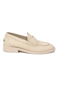 Nude brushed calfskin loafers featuring silver-finish metal logo lettering on heel