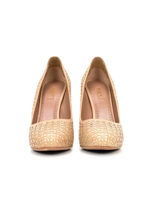 Nude leather cut out round tow high heel pumps