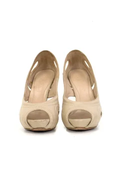 Nude leather peep-toe high-heel with cutout details and embroidered accents