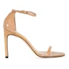 Nude patent leather round-toe slim double-strap heeled sandals