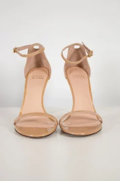 Nude patent leather round-toe slim double-strap heeled sandals