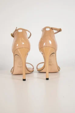 Nude patent leather round-toe slim double-strap heeled sandals