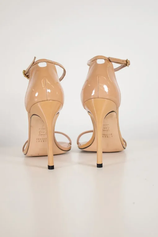 Nude patent leather round-toe slim double-strap heeled sandals