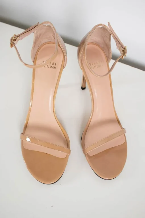 Nude patent leather round-toe slim double-strap heeled sandals
