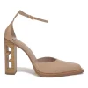 Nude polished calfskin D'Orsay FF block heel pumps with buckle strap fastening