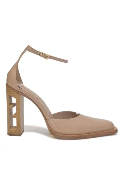 Nude polished calfskin D'Orsay FF block heel pumps with buckle strap fastening