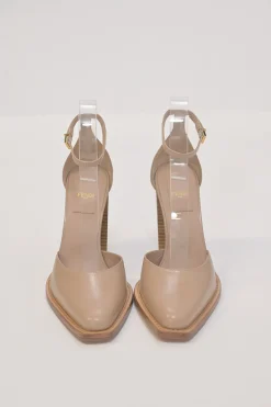 Nude polished calfskin D'Orsay FF block heel pumps with buckle strap fastening
