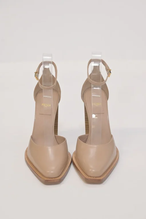 Nude polished calfskin D'Orsay FF block heel pumps with buckle strap fastening