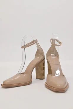 Nude polished calfskin D'Orsay FF block heel pumps with buckle strap fastening