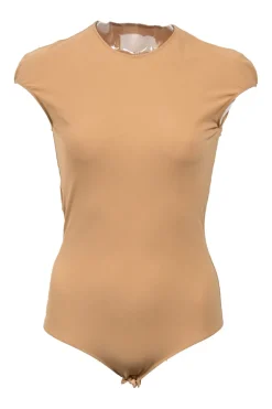 Nude polyamide-blend stretch jersey jewel neck second skin cap sleeve bodysuit