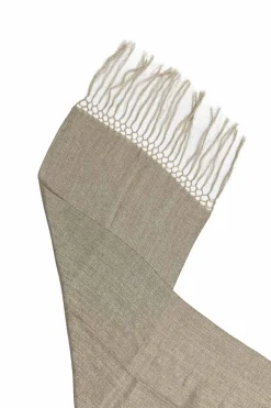 Oatmeal and gold linen-lurex blend fringe shawl scarf
