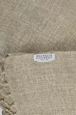 Oatmeal and gold linen-lurex blend fringe shawl scarf