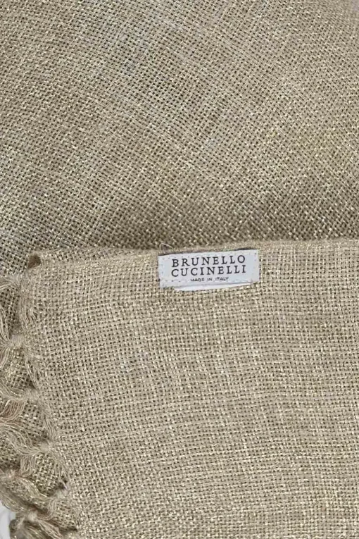 Oatmeal and gold linen-lurex blend fringe shawl scarf