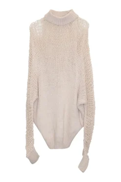 Oatmeal cotton wide-gauge pullover cocoon crewneck sweater