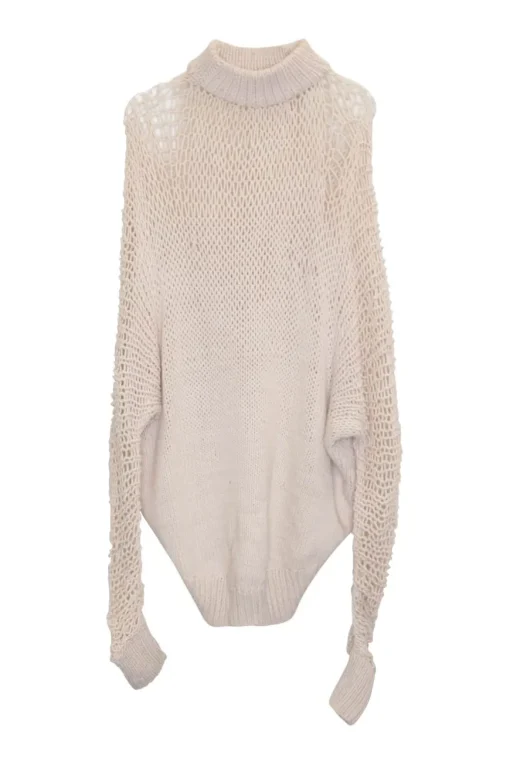 Oatmeal cotton wide-gauge pullover cocoon crewneck sweater