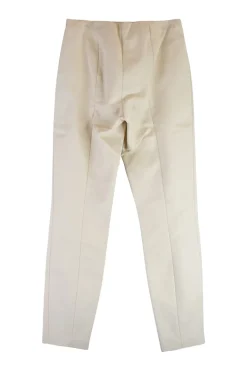 Oatmeal nylon-blend scuba mid-rise seamed skinny knit trousers with vertical slit details