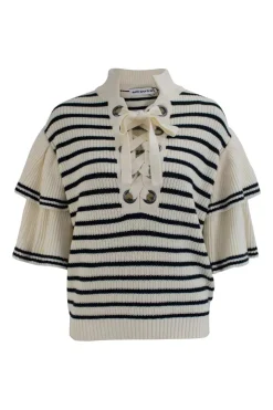 Off white short flare sleeved, wool and cotton loose fitted knit top with stripes and eyelet details