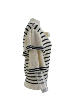 Off white short flare sleeved, wool and cotton loose fitted knit top with stripes and eyelet details