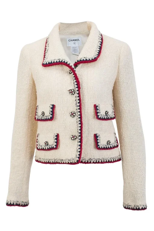 Off white wool silk blend jacket and skirt suit with red and navy knit piping and embellished buttons
