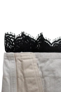 Off-white and brown denim midi skirt with black lace along the hem