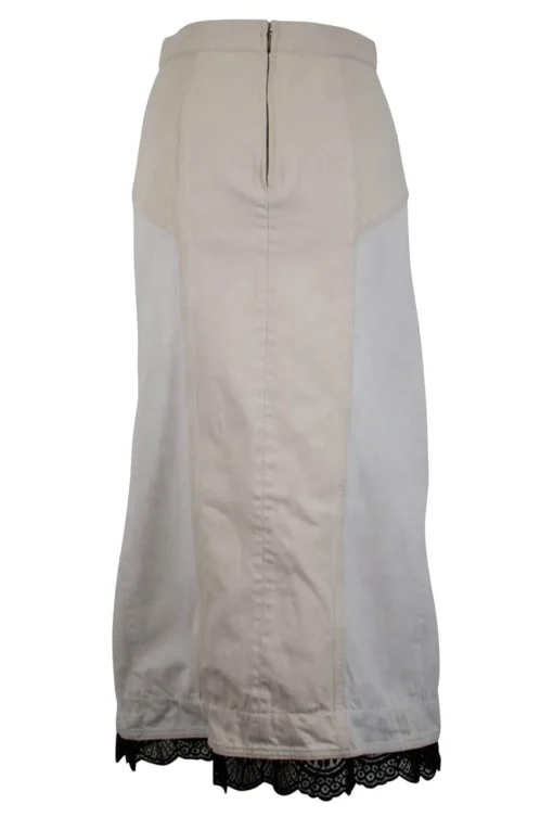 Off-white and brown denim midi skirt with black lace along the hem