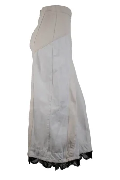 Off-white and brown denim midi skirt with black lace along the hem