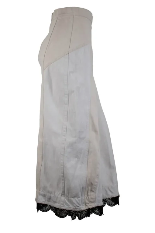 Off-white and brown denim midi skirt with black lace along the hem