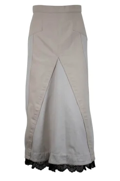 Off-white and brown denim midi skirt with black lace along the hem