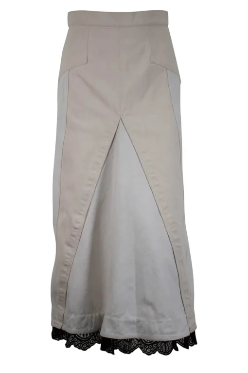 Off-white and brown denim midi skirt with black lace along the hem