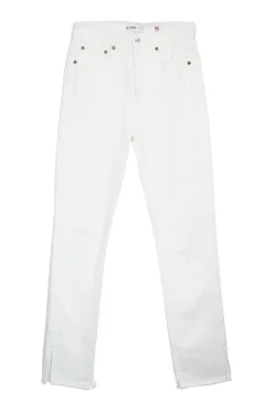 Off-white cotton denim high-waist five-pocket straight split-leg jeans