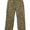 Olive cotton camouflage print pull-on pleat-front trousers
