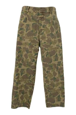 Olive cotton camouflage print pull-on pleat-front trousers