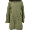 Olive cotton hooded parka with multi-colour fox fur collar and lining