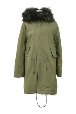 Olive cotton hooded parka with multi-colour fox fur collar and lining