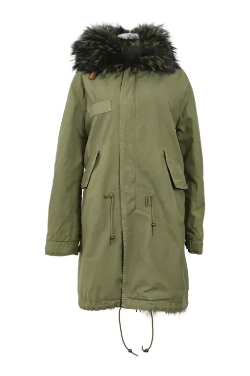 Olive cotton hooded parka with multi-colour fox fur collar and lining
