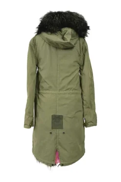Olive cotton hooded parka with multi-colour fox fur collar and lining