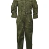 Olive cotton-blend satin point collar half-button slip-on coverall jumpsuit with pull tab fastening at waist