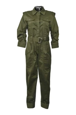 Olive cotton-blend satin point collar half-button slip-on coverall jumpsuit with pull tab fastening at waist