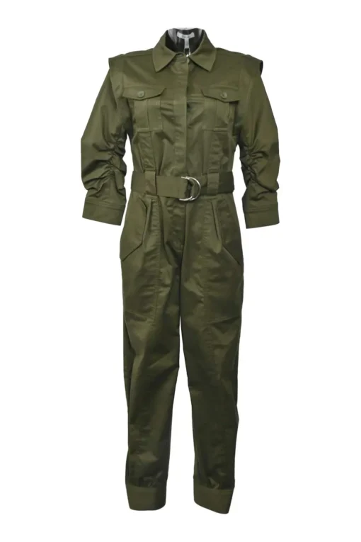 Olive cotton-blend satin point collar half-button slip-on coverall jumpsuit with pull tab fastening at waist