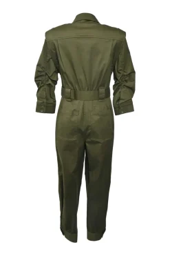 Olive cotton-blend satin point collar half-button slip-on coverall jumpsuit with pull tab fastening at waist