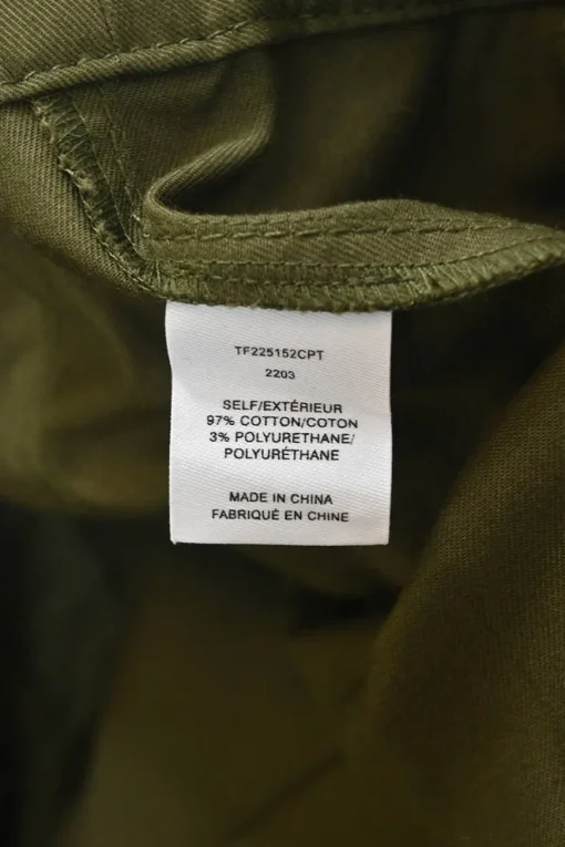 Olive cotton-blend satin point collar half-button slip-on coverall jumpsuit with pull tab fastening at waist
